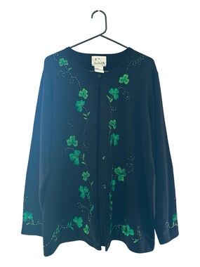 Vintage 90’s/Y2K Era Quaker Factory Black Cardigan w/ Green Floral Embroidery M